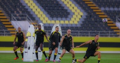 Al Ittihad players during a training session ahead of their match against Al Kholood