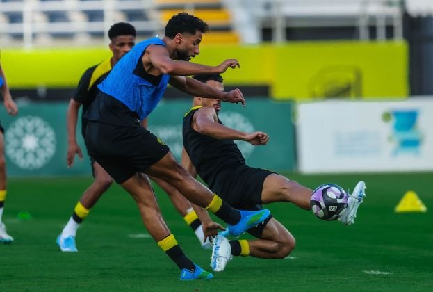 Al Ittihad players during a training session ahead of their match against Al Qadsiah