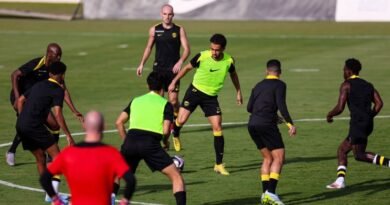 Al Ittihad players during a training session ahead of their match against Damac