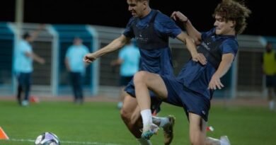 Al Okhdood players during a training session ahead of their match against Al Khaleej