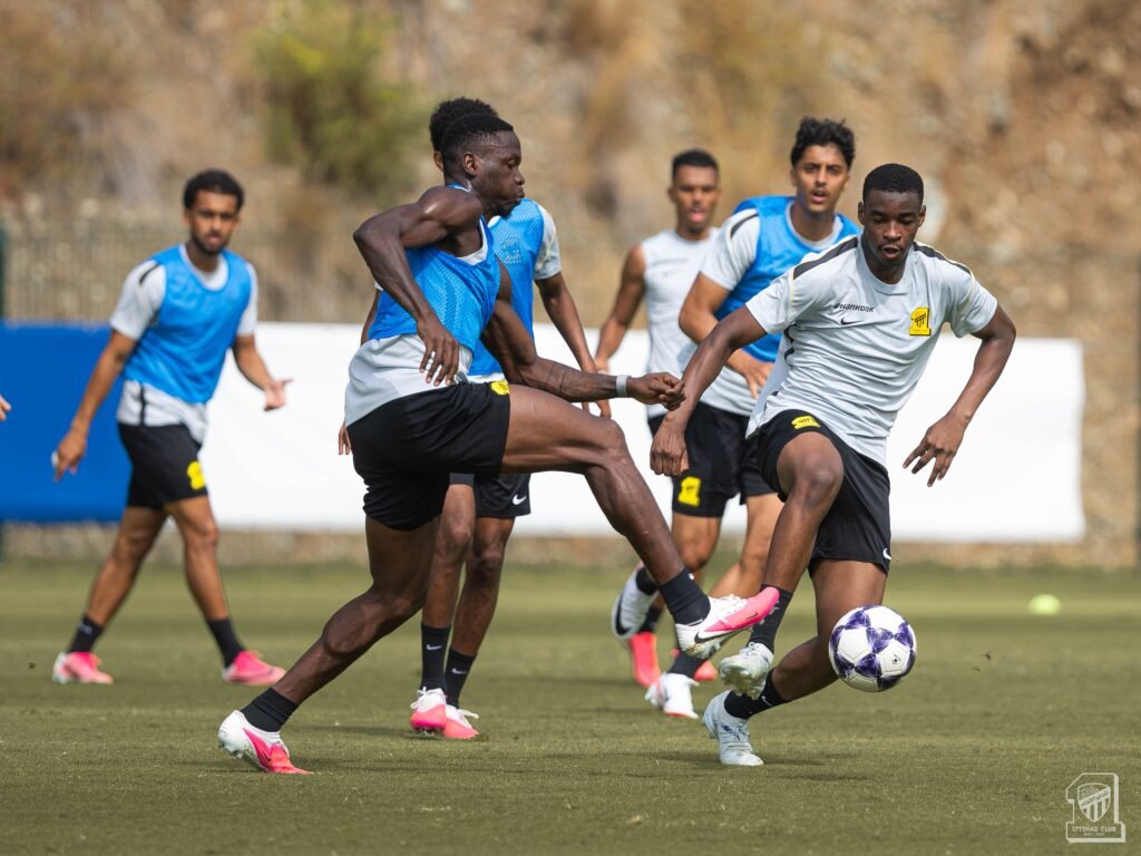 Al Ittihad players during a training session ahead of their match against Al Kholood