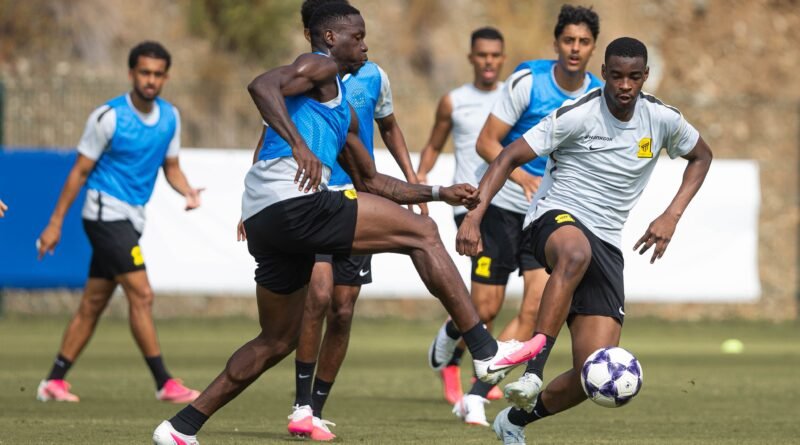 Al Ittihad players during a training session ahead of their match against Al Kholood