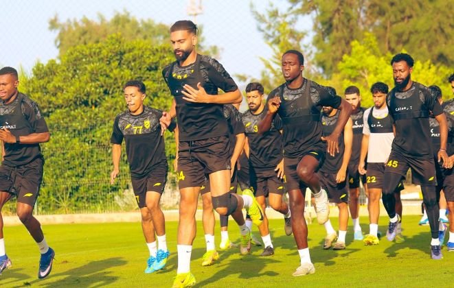 Al Hazem players during a training session ahead of their match against Al Shabab