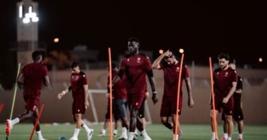 Al Diriyah Club players during a training session ahead of their match against Abha