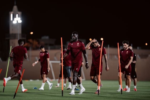 Al Diriyah Club players during a training session ahead of their match against Abha